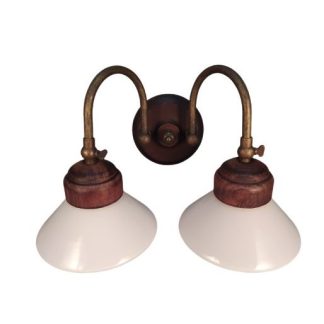 APLIQUE DOBLE LATÓN DORADO ENVEJECIDO Y MADERA TULIPAS CRISTAL BLANCO